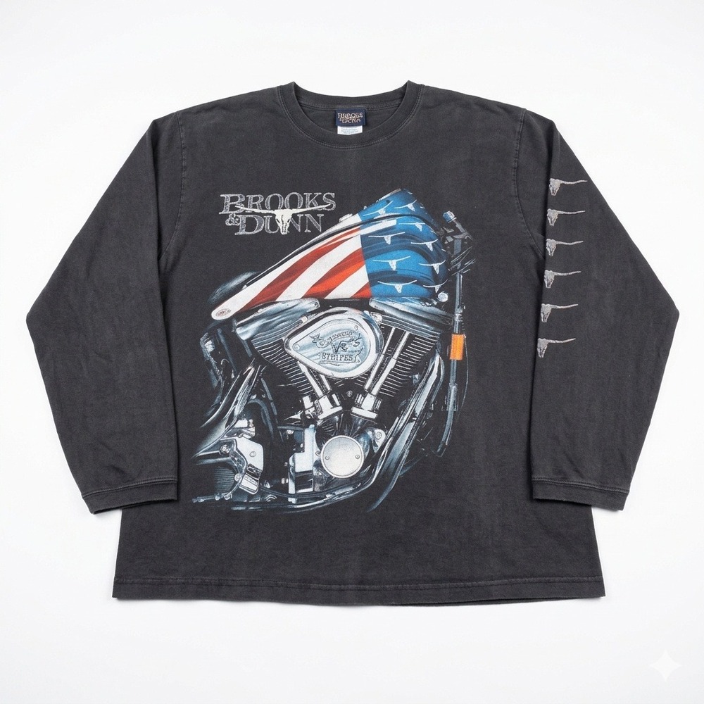 Vtg Brooks & Dunn Asphalt Cowboys Shirt Mens L‎ Black Long Sleeve Steers Stripes